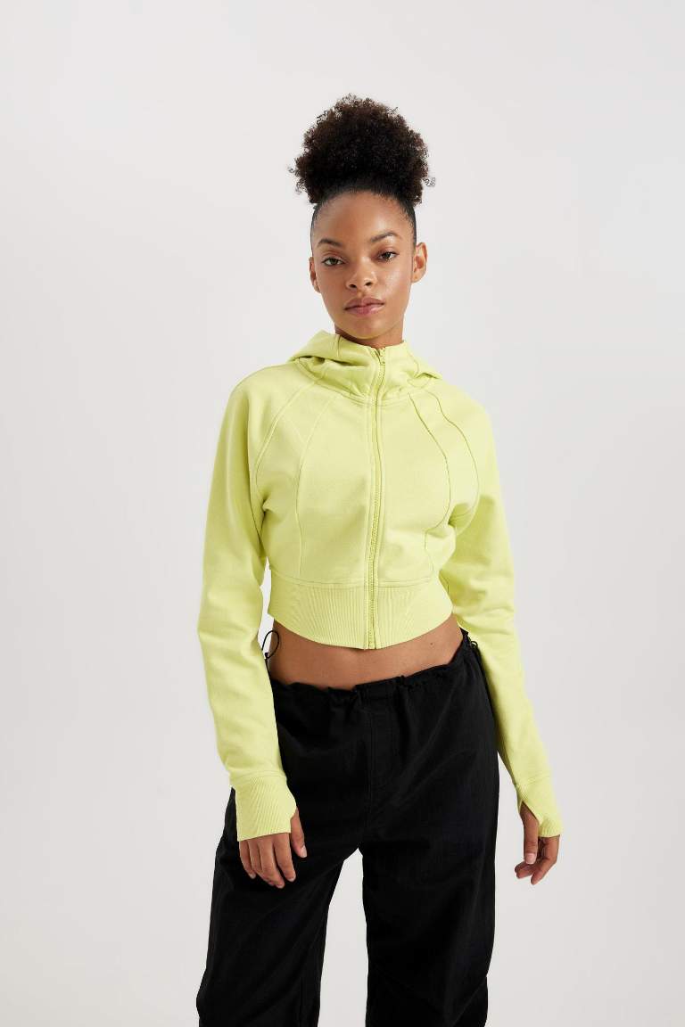 DeFactoFit Hooded Zippered Crop Thick Sweatshirt