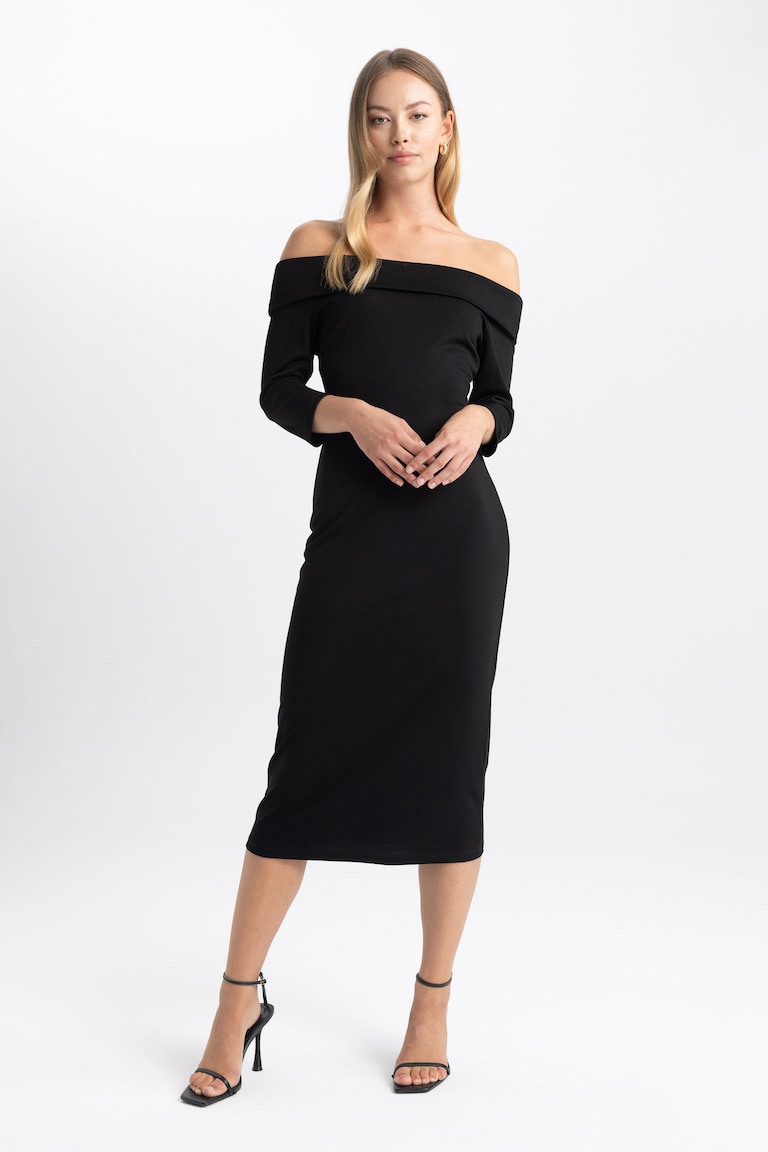 Bodycon Robe Noir FEMME Robe Bodycon Midi Off Épaule À Manches Longues 2928286 | DeFacto