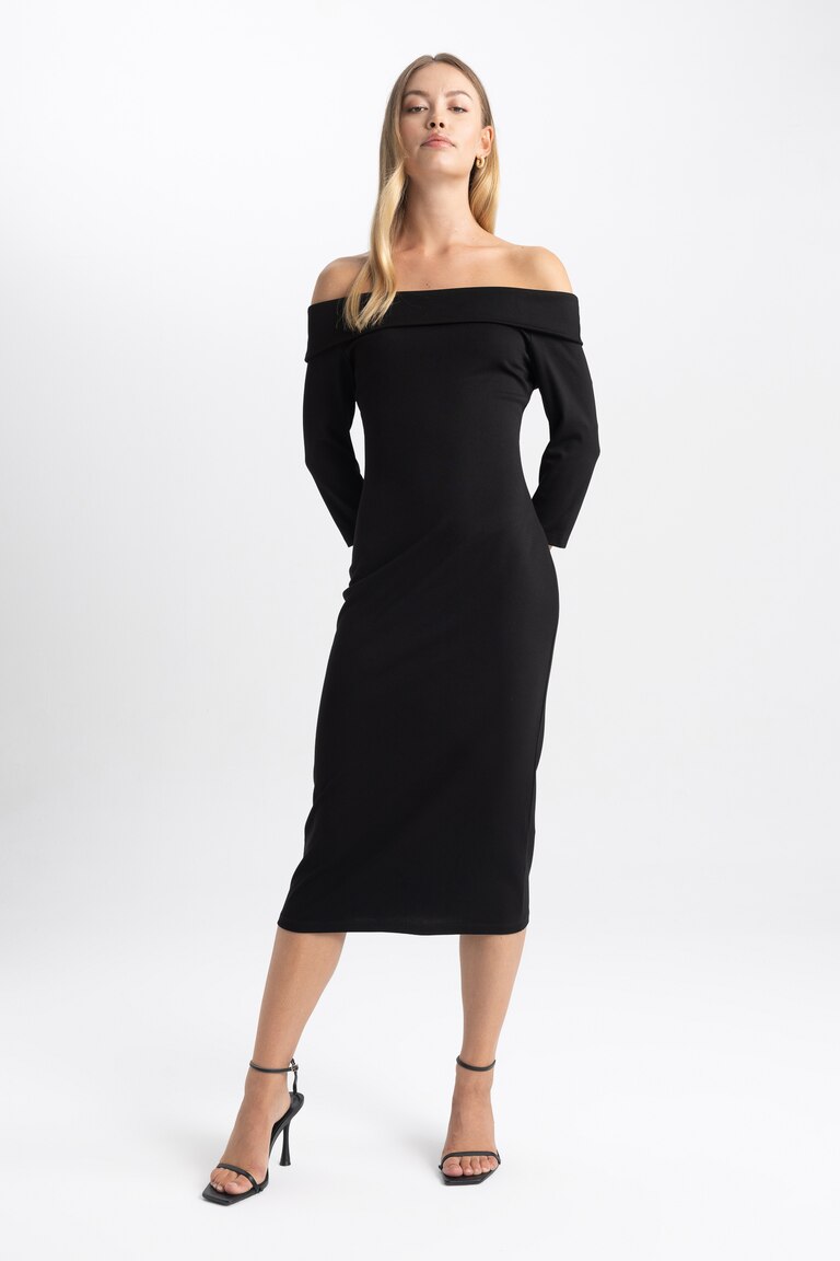 Bodycon Robe Noir FEMME Robe Bodycon Midi Off Épaule À Manches Longues 2928286 | DeFacto