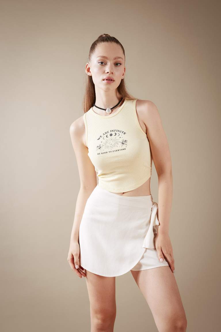 Fitted Printed Ribbed Washed Effect Crop Top