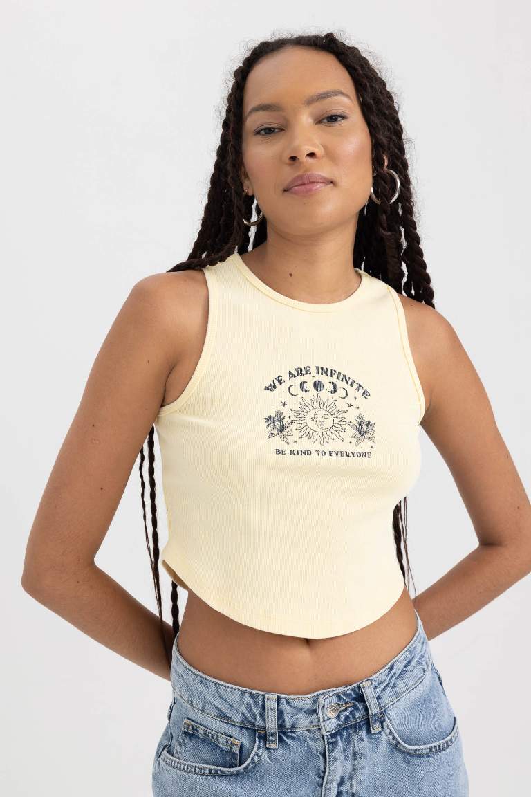 Fitted Printed Ribbed Washed Effect Crop Top