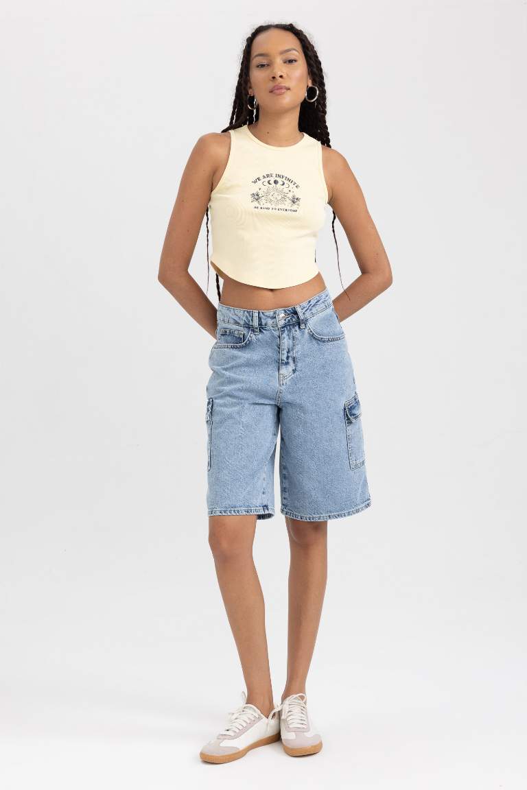 Fitted Printed Ribbed Washed Effect Crop Top