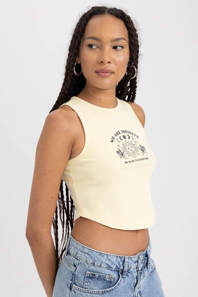 Fitted Printed Ribbed Washed Effect Crop Top