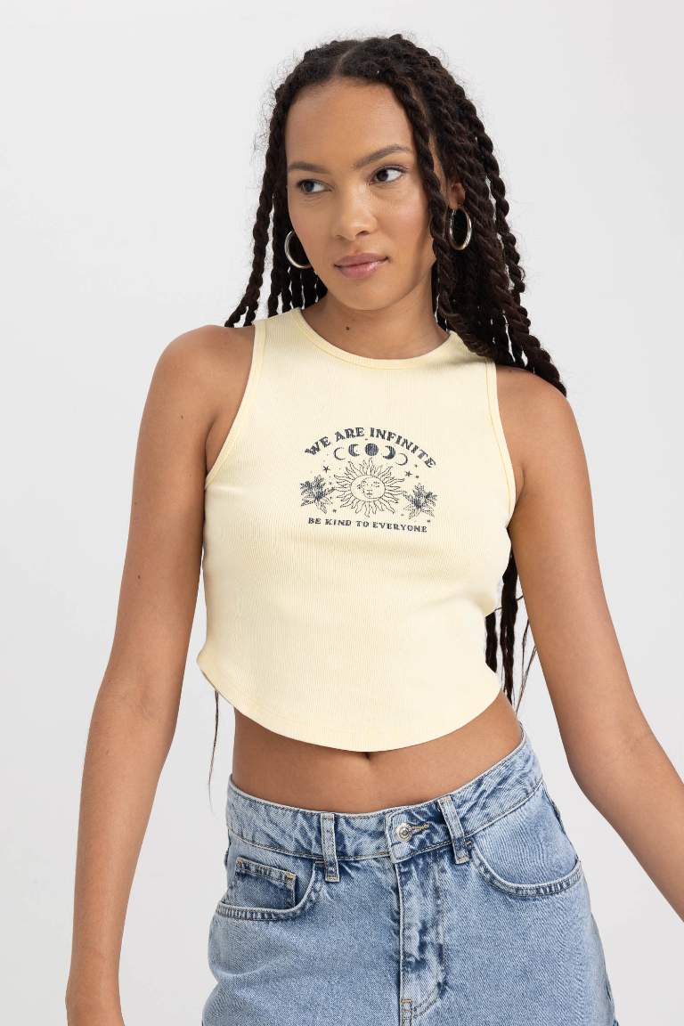 Fitted Printed Ribbed Washed Effect Crop Top