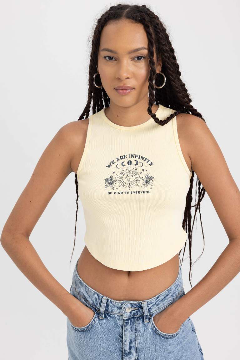 Fitted Printed Ribbed Washed Effect Crop Top