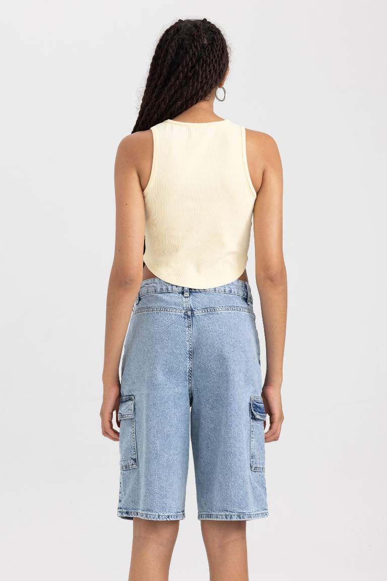 Fitted Printed Ribbed Washed Effect Crop Top