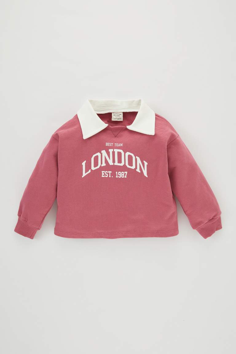 Kız Bebek  Polo Yaka Baskılı İçi Yumuşak Tüylü Sweatshirt