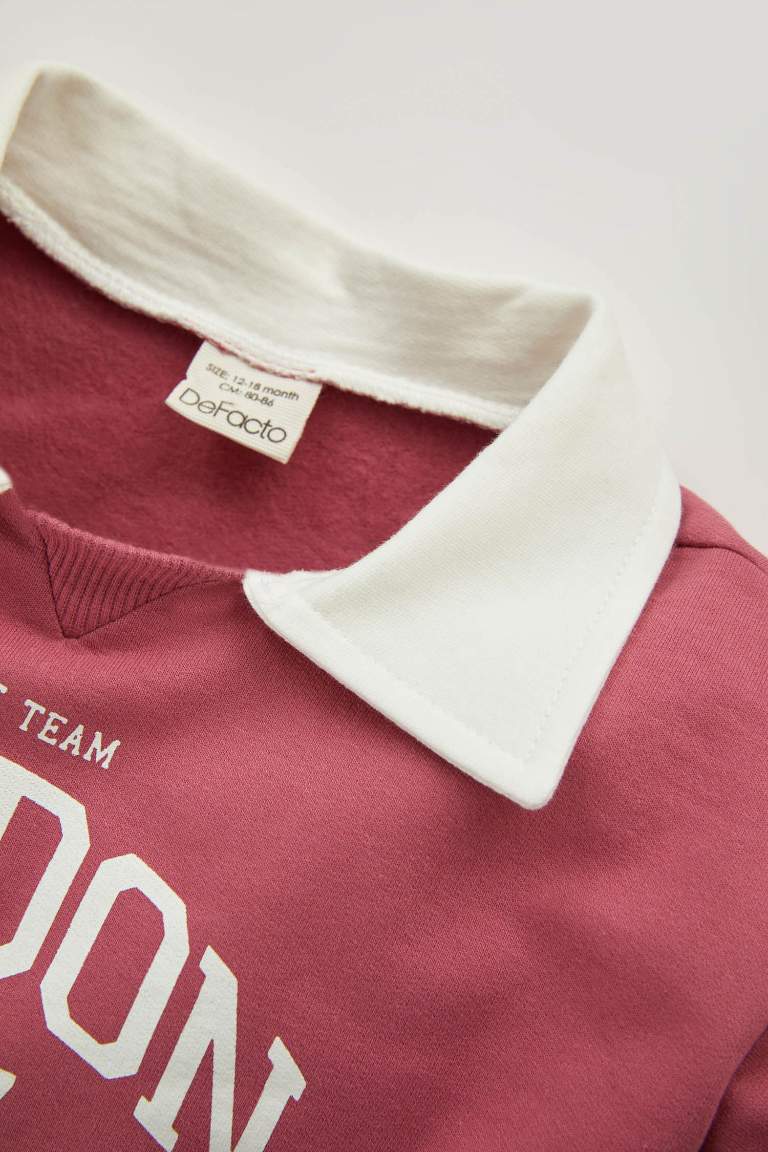 Kız Bebek  Polo Yaka Baskılı İçi Yumuşak Tüylü Sweatshirt