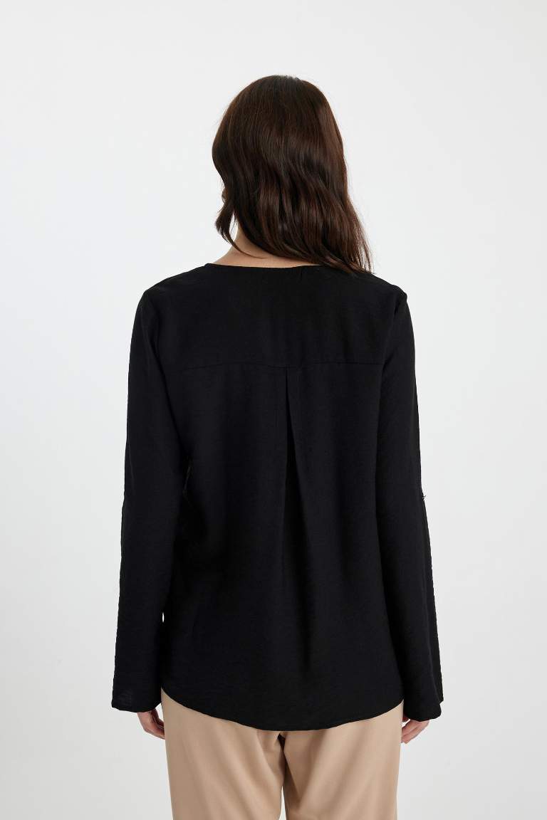 Regular Fit Round Collar Long Sleeve Blouse