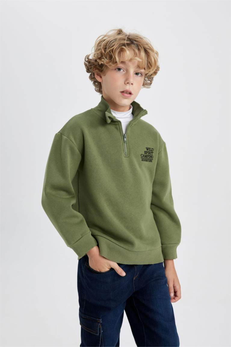 Erkek Çocuk Oversize Geniş Kalıp Dik Yaka Baskılı Kalın Sweatshirt