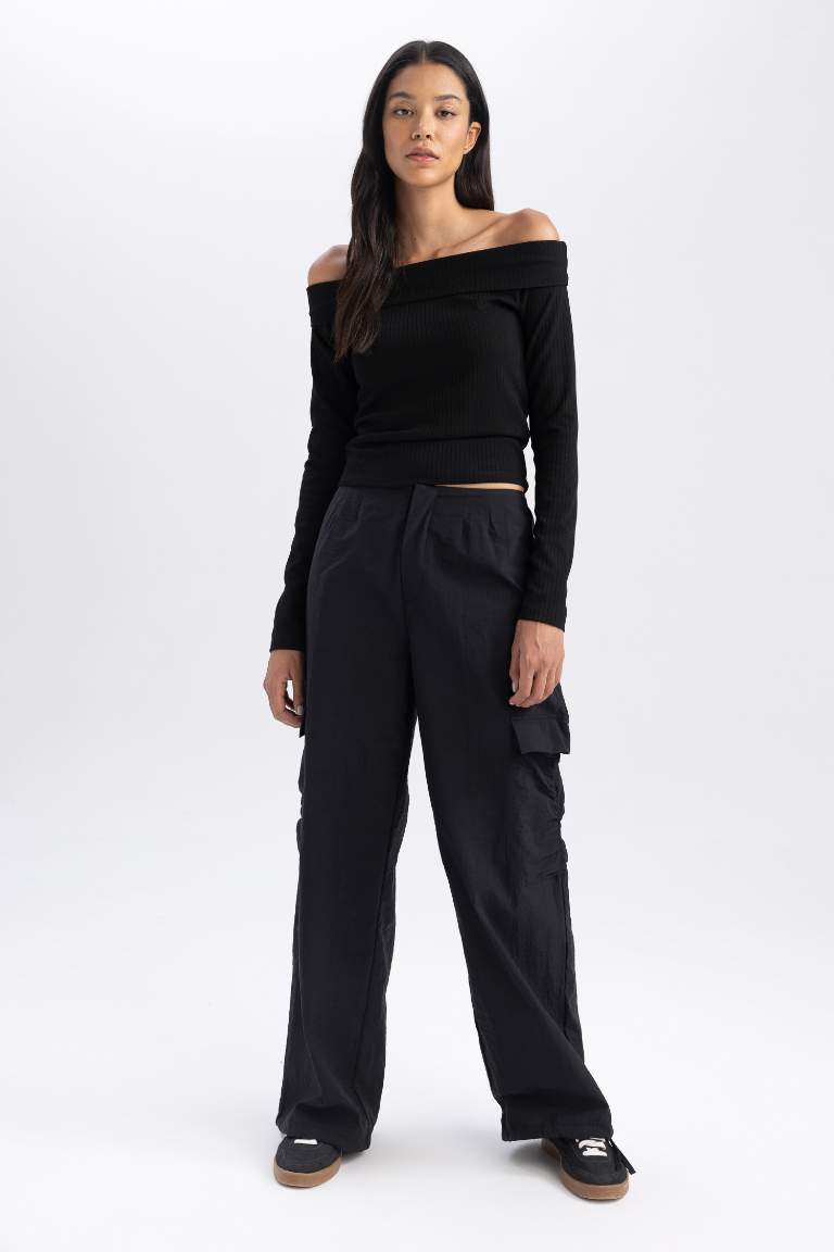 Slim Fit Dar Kesim Omuzu Açık Fitilli Kaşkorse Uzun Kollu Tişört