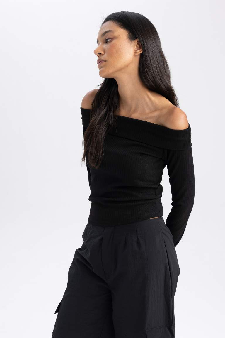 Slim Fit Dar Kesim Omuzu Açık Fitilli Kaşkorse Uzun Kollu Tişört