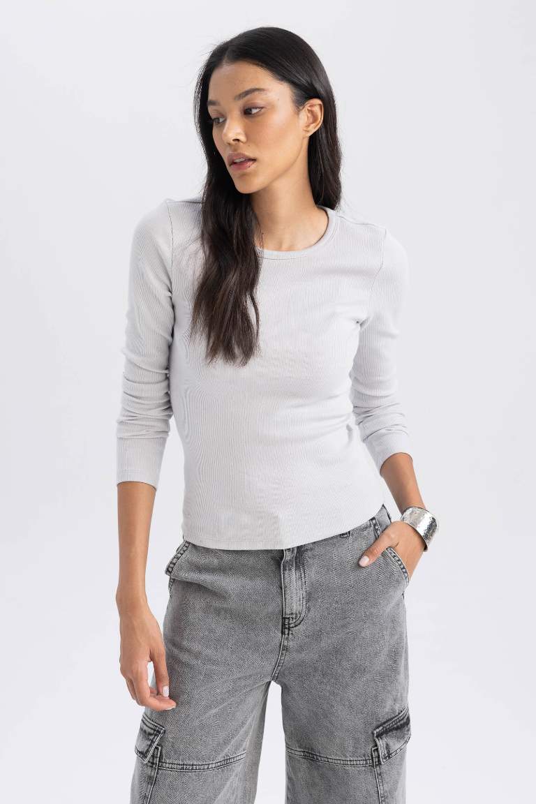Slim Fit Dar Kesim Bisiklet Yaka Fitilli Kaşkorse Uzun Kollu Tişört
