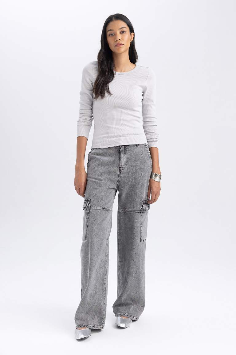 Slim Fit Dar Kesim Bisiklet Yaka Fitilli Kaşkorse Uzun Kollu Tişört