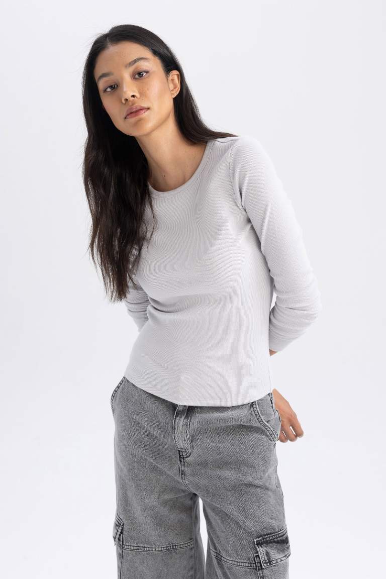 Slim Fit Dar Kesim Bisiklet Yaka Fitilli Kaşkorse Uzun Kollu Tişört