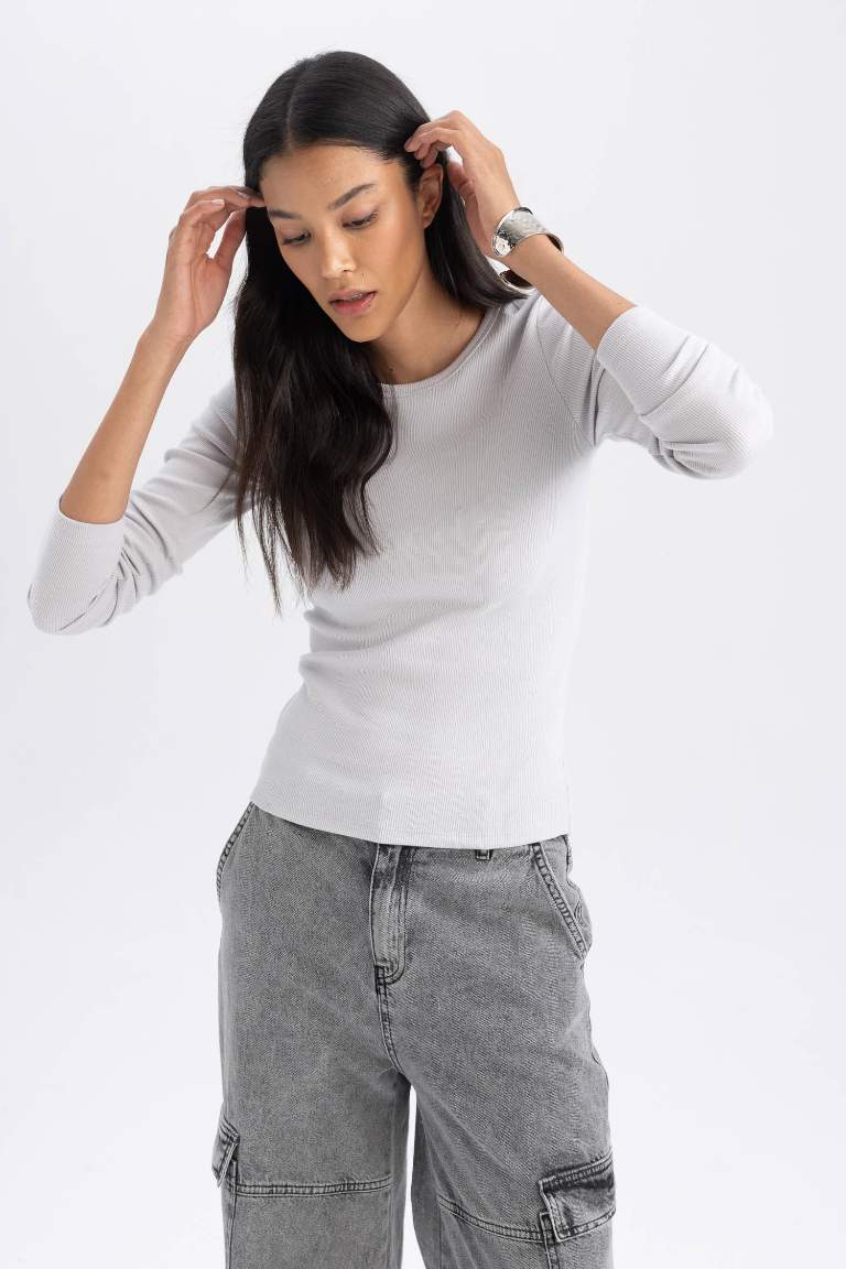 Slim Fit Dar Kesim Bisiklet Yaka Fitilli Kaşkorse Uzun Kollu Tişört