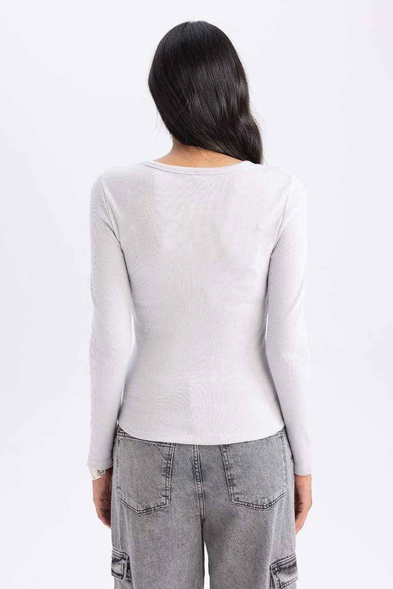 Slim Fit Dar Kesim Bisiklet Yaka Fitilli Kaşkorse Uzun Kollu Tişört
