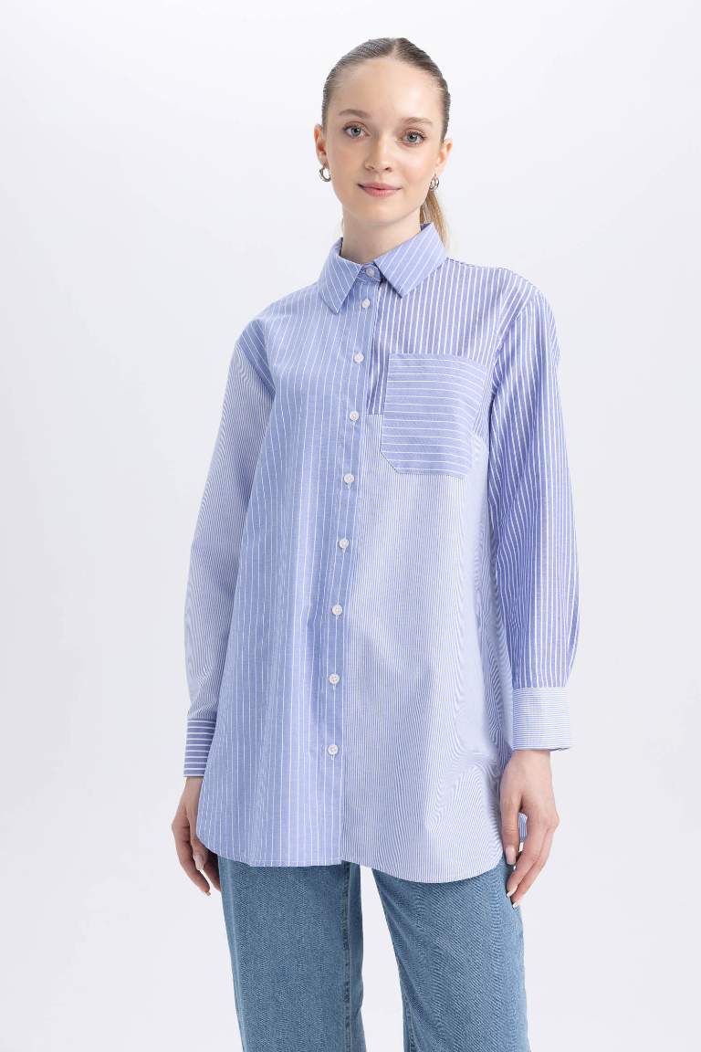 Blue Woman Relax Fit Poplin Shirt Collar Long Sleeve Tunic 2904995