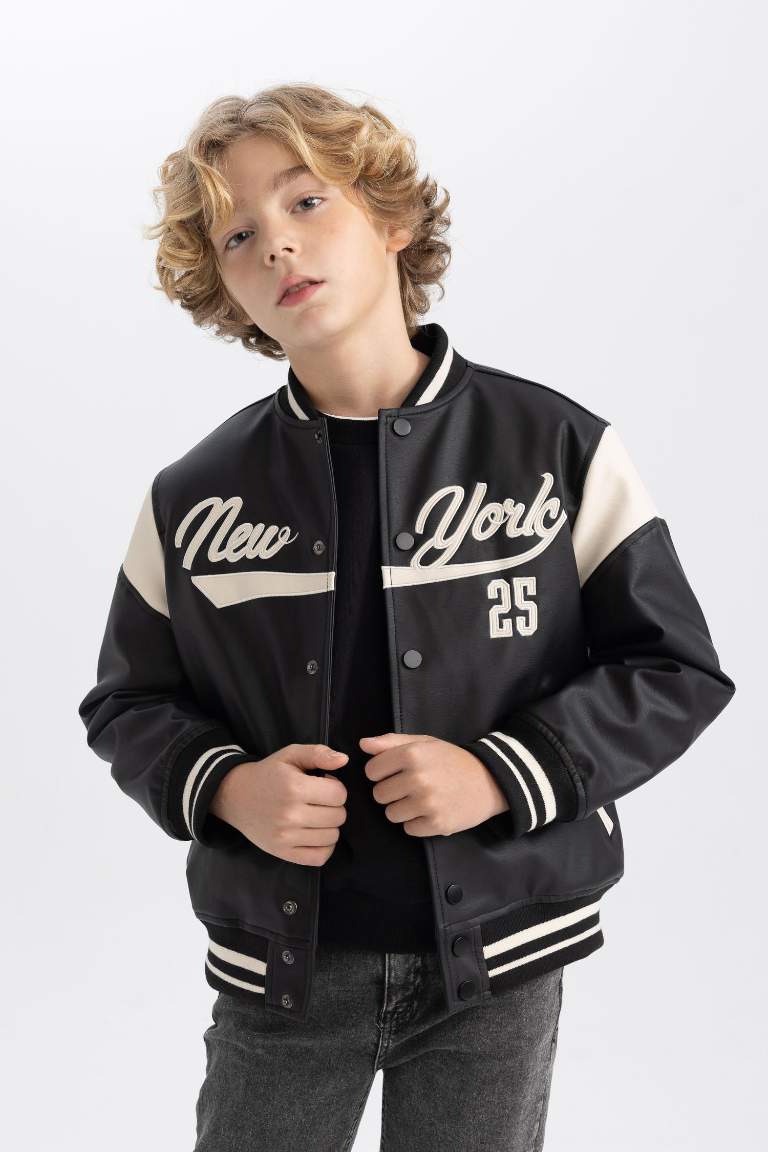 Boy College Collar Faux Leather Waterproof Bomber Jacket