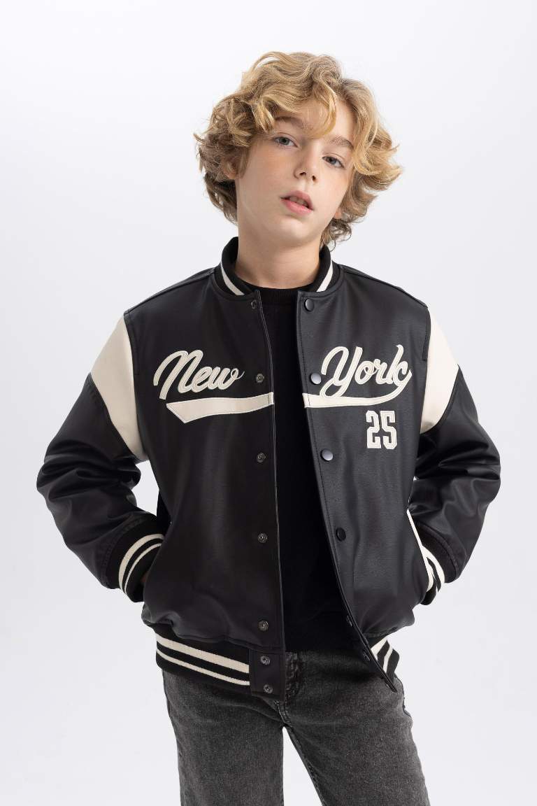 Boy College Collar Faux Leather Waterproof Bomber Jacket