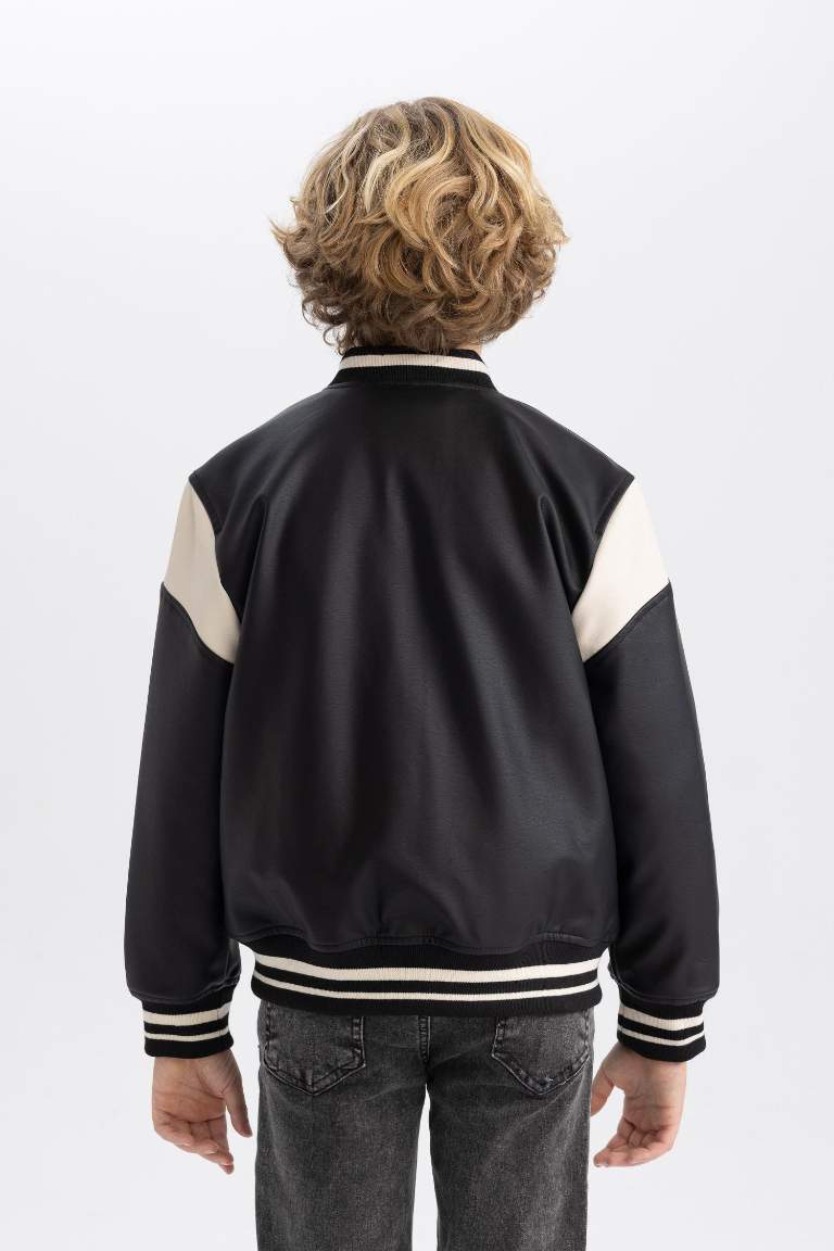 Boy College Collar Faux Leather Waterproof Bomber Jacket