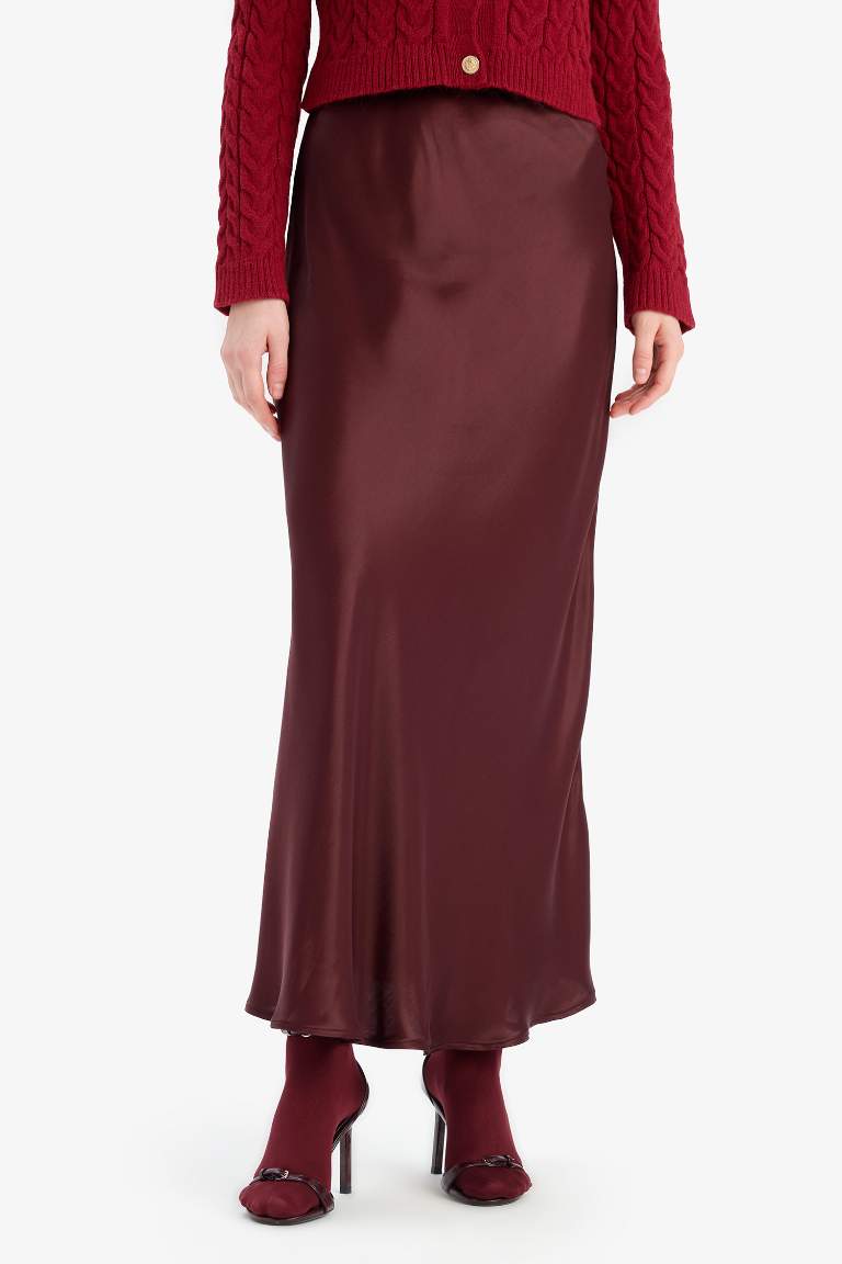 A Cut Satin Normal Waist Midi Skirt