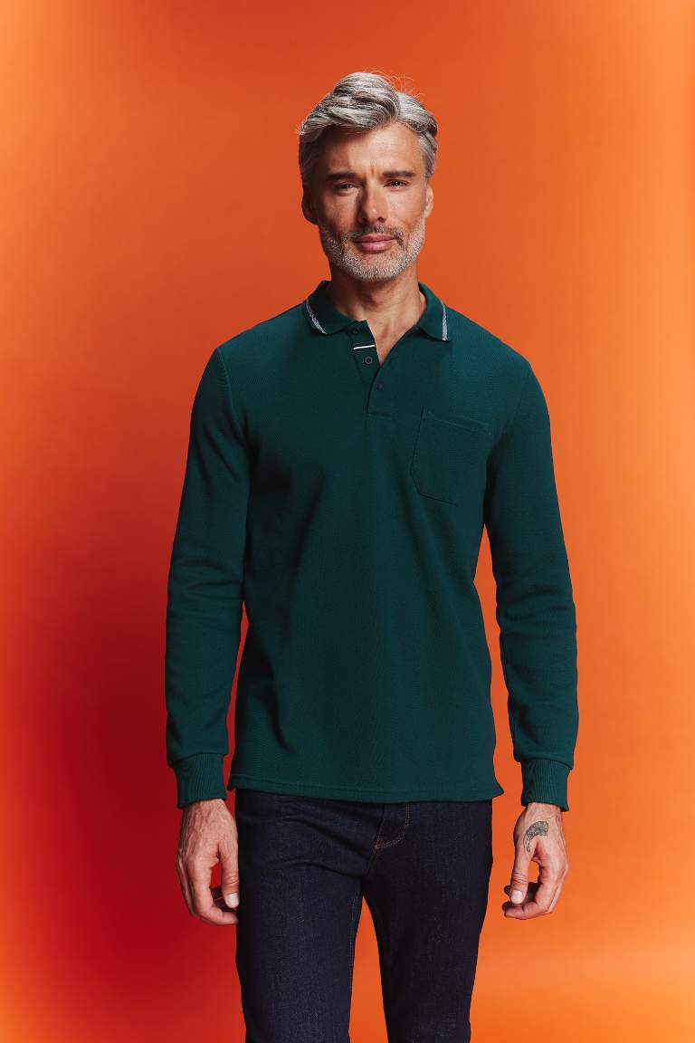 Regular Fit Polo Neck Pique Basic Sweatshirt