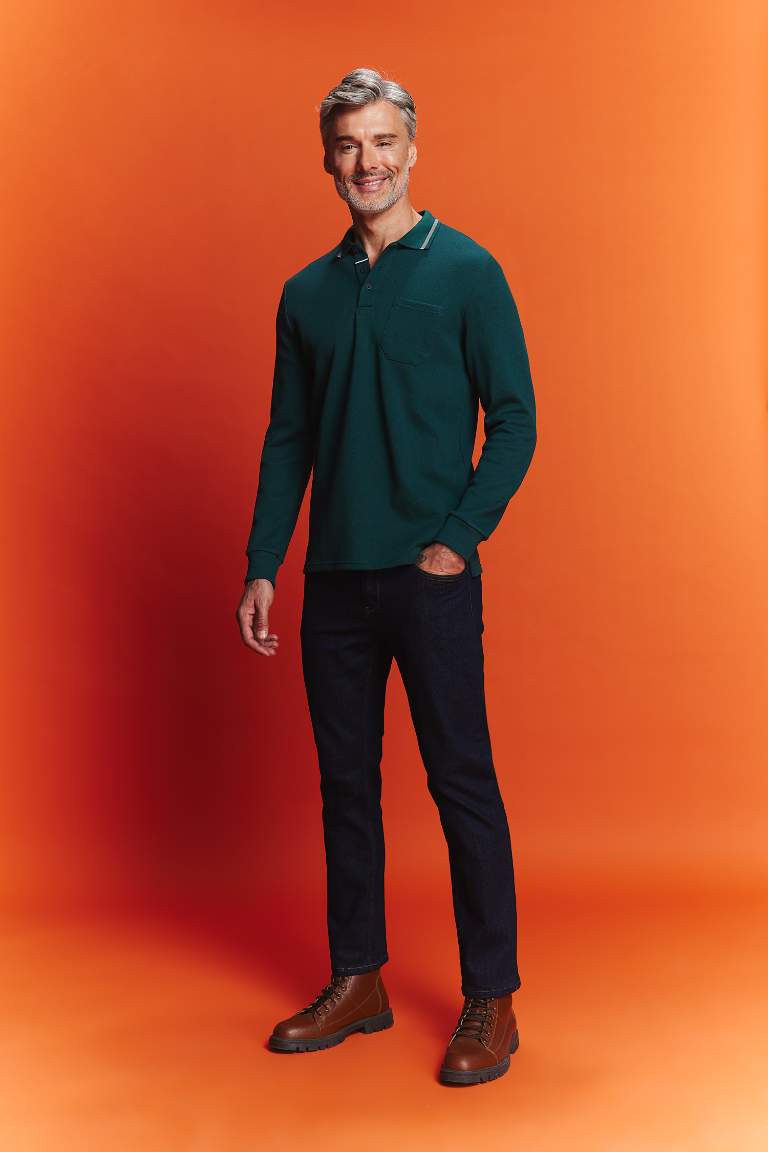 Regular Fit Polo Neck Pique Basic Sweatshirt