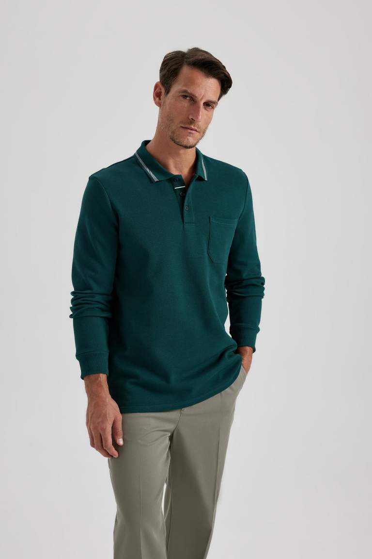 Regular Fit Polo Neck Pique Basic Sweatshirt