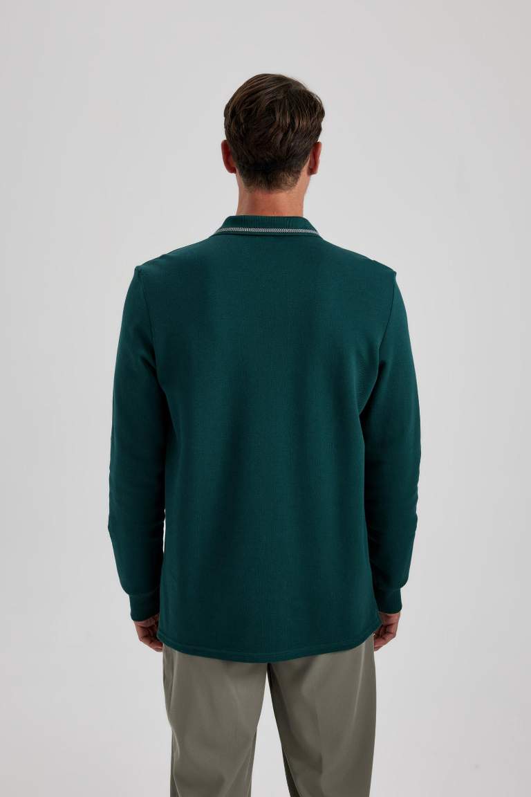 Regular Fit Polo Neck Pique Basic Sweatshirt