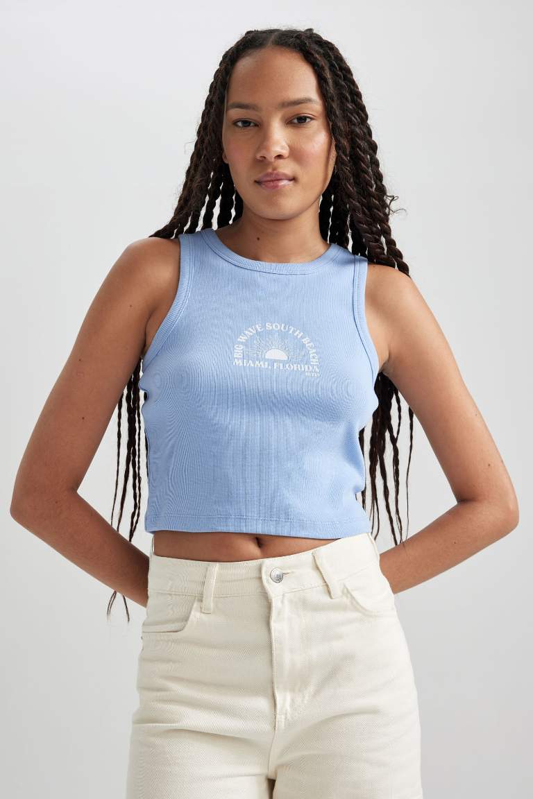 Fitted Printed Crew Neck Ribbed Camisole Crop Top