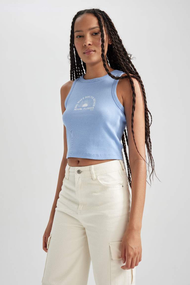 Fitted Printed Crew Neck Ribbed Camisole Crop Top