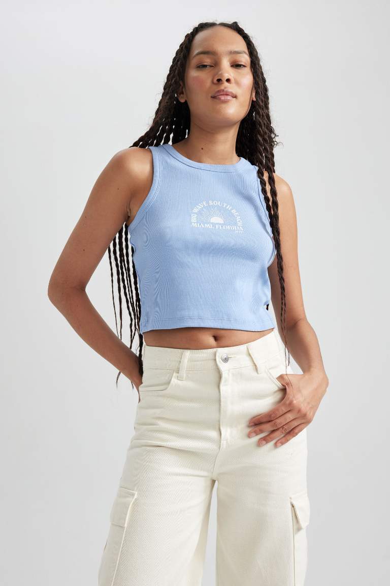 Fitted Printed Crew Neck Ribbed Camisole Crop Top