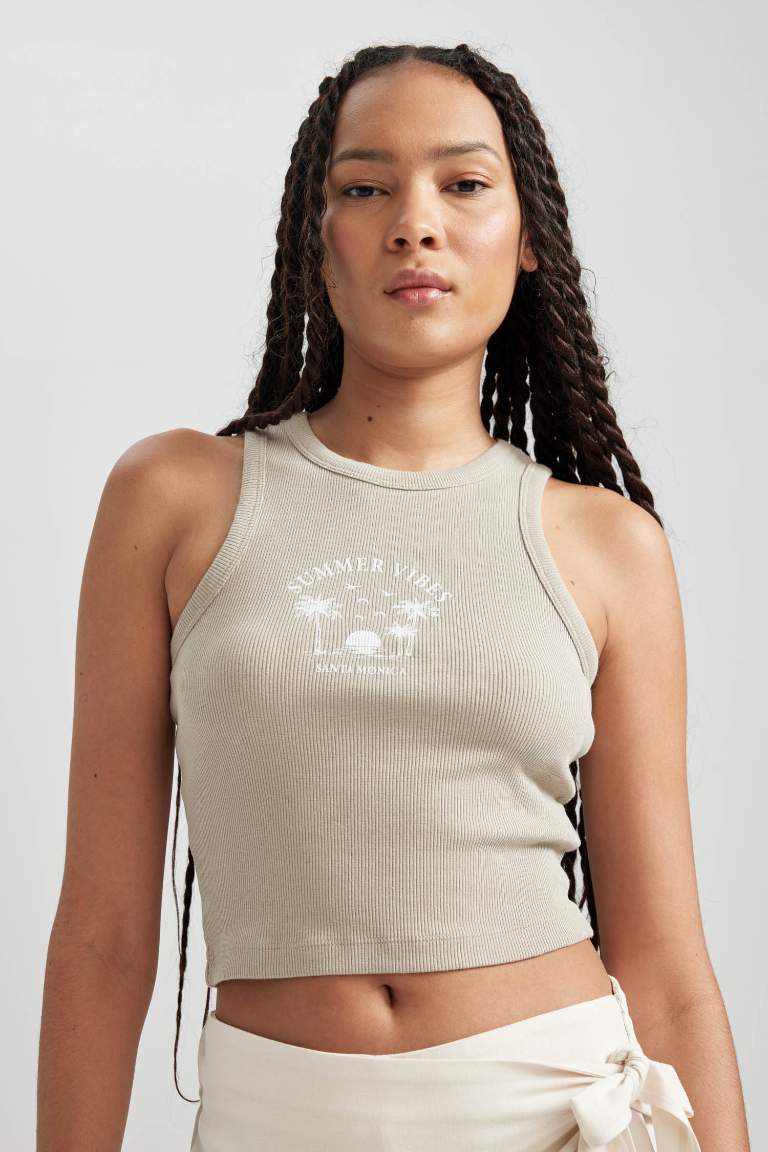 Fitted Printed Crew Neck Ribbed Camisole Crop Top