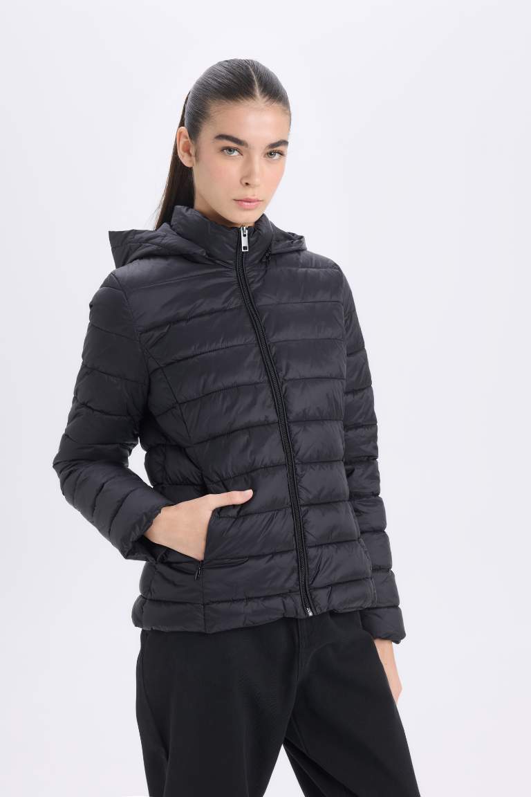 Hooded Quilted Zippered Pocket Basic Waterproof Puffer Jacket