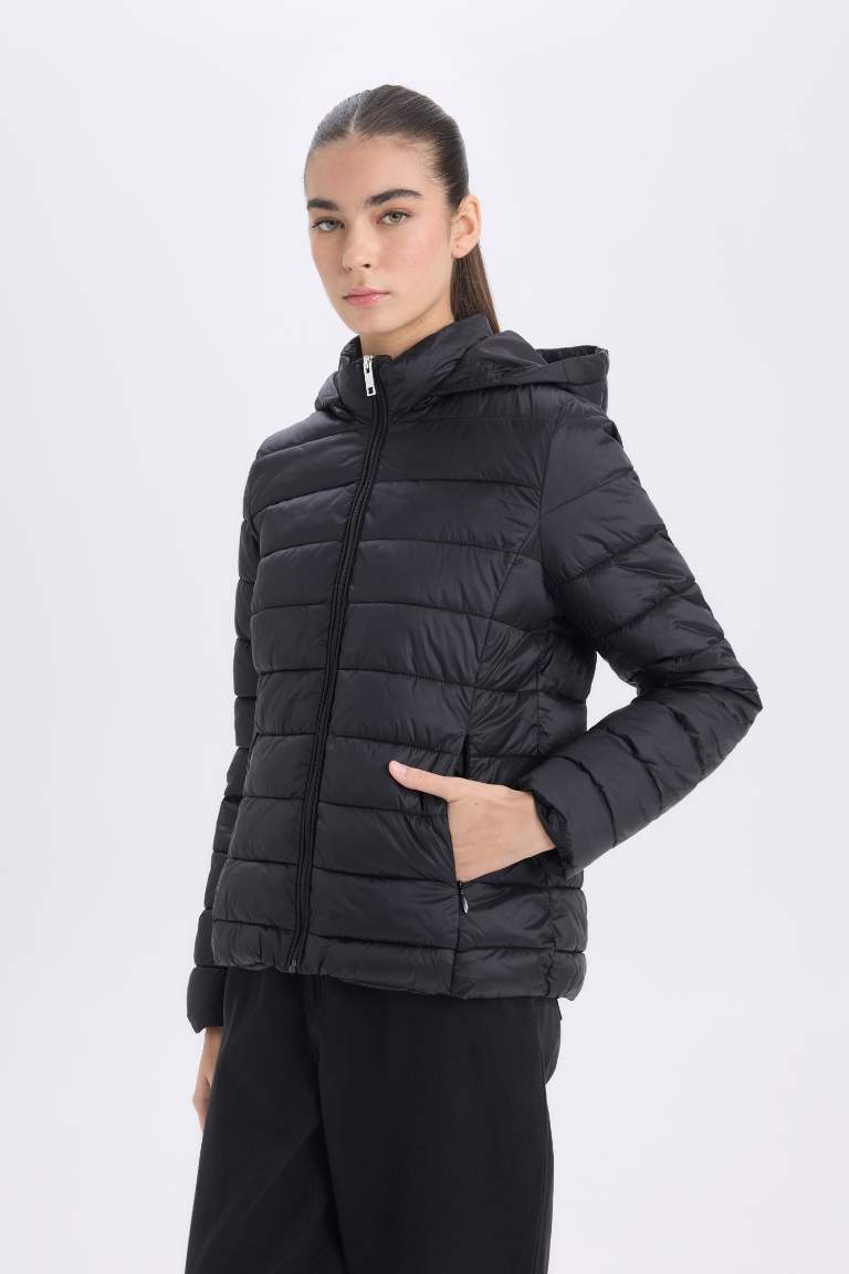 Hooded Quilted Zippered Pocket Basic Waterproof Puffer Jacket