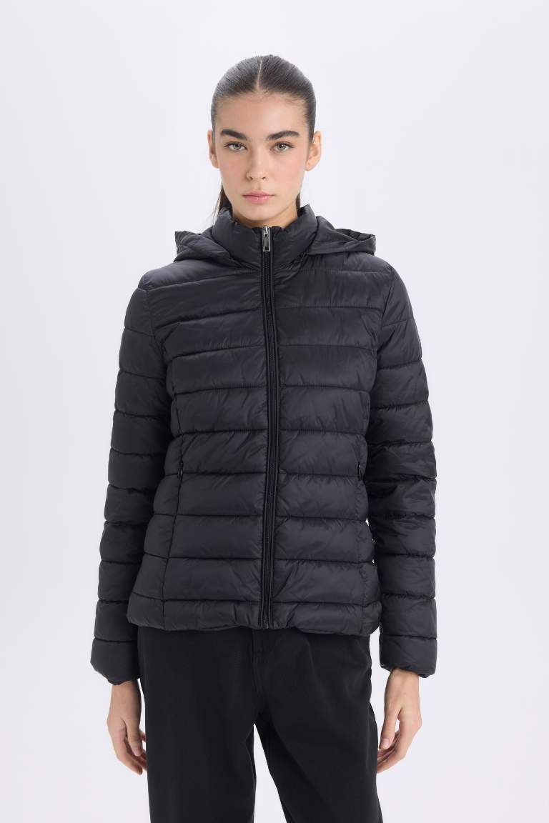 Hooded Quilted Zippered Pocket Basic Waterproof Puffer Jacket