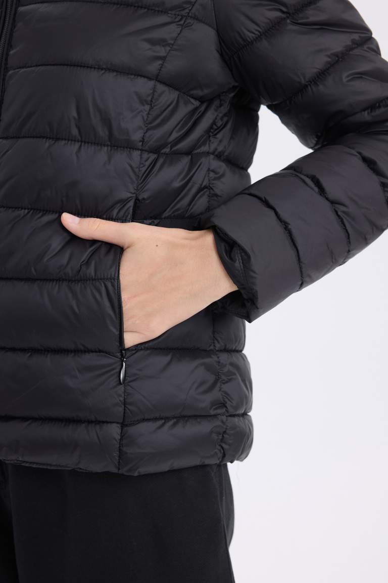 Hooded Quilted Zippered Pocket Basic Waterproof Puffer Jacket