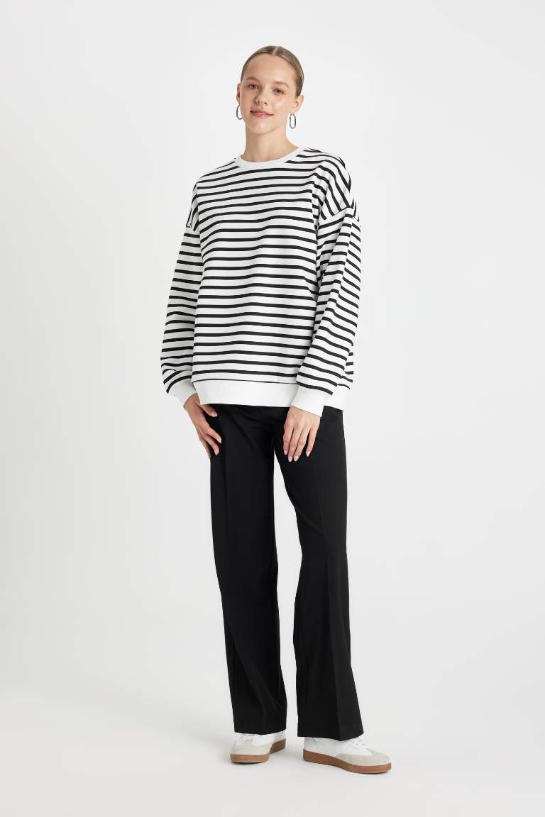 Oversize Fit Wide Fit Crew Neck Striped Thick Sweatshirt