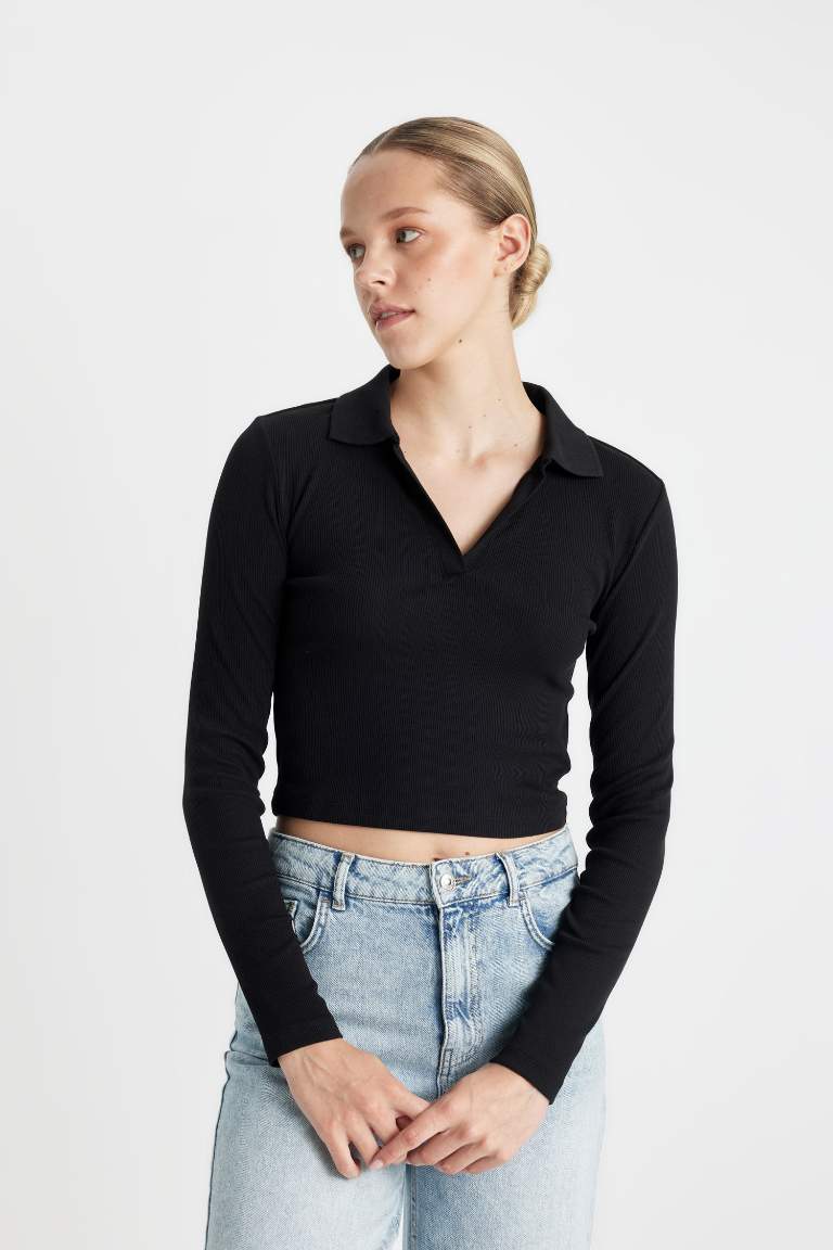 Fitted Polo Yaka Fitilli Kaşkorse Uzun Kollu Tişört