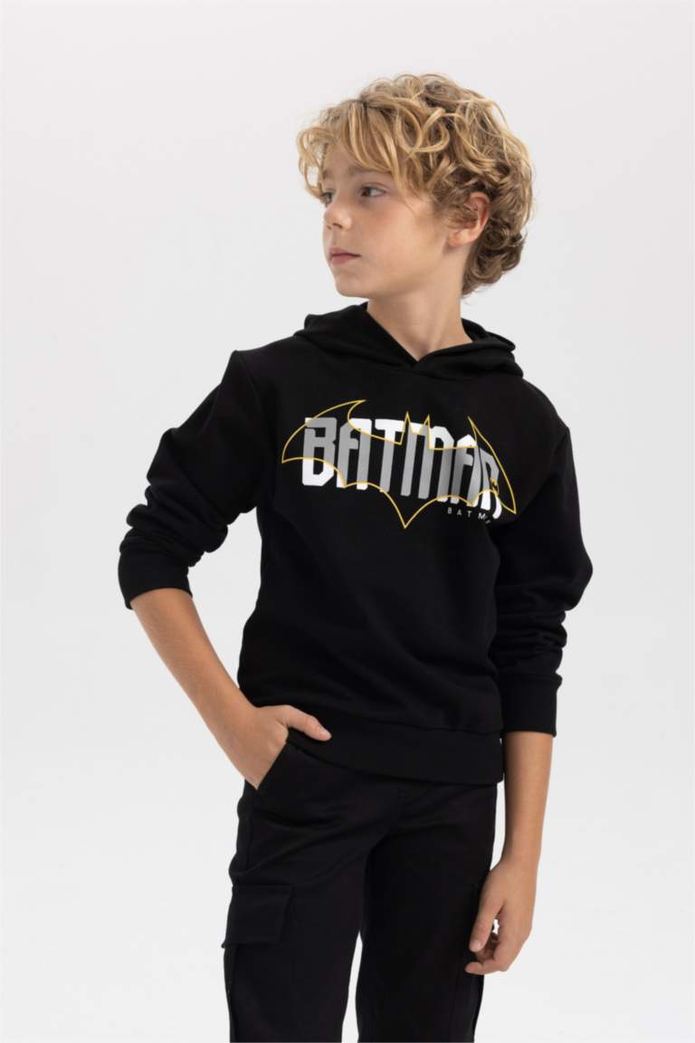 سويت شيرت ولادي قصة عادية بغطاء للرأس من باتمان