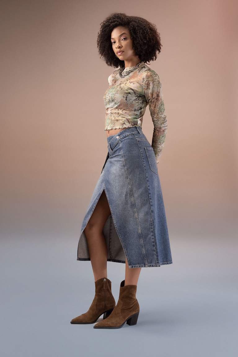 Long Fit Yırtmaçlı Uzun Jean Etek