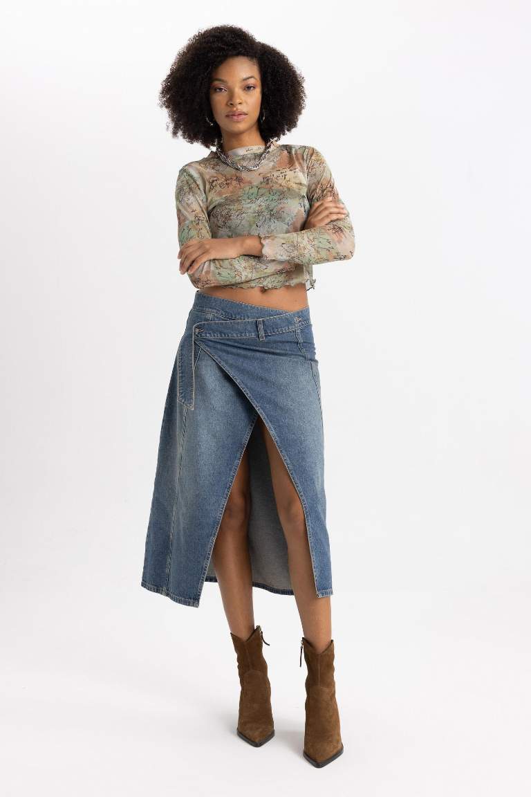 Long Fit Yırtmaçlı Uzun Jean Etek