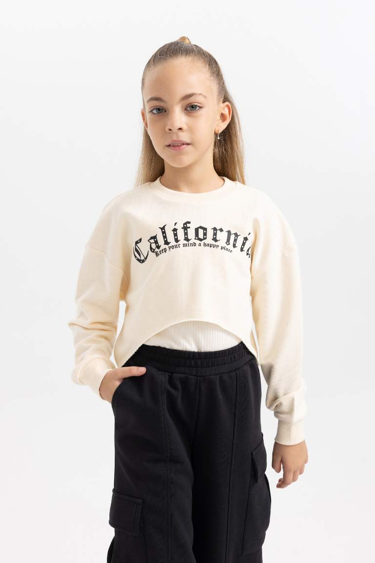 Girl Printed Crop Sweatshirt Undershirt 2 Piece Set