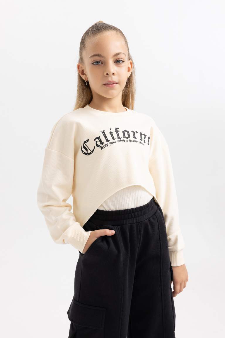 Girl Printed Crop Sweatshirt Undershirt 2 Piece Set