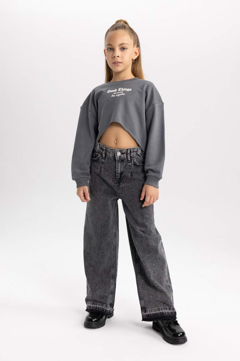 Girl Printed Crop Sweatshirt Undershirt 2 Piece Set