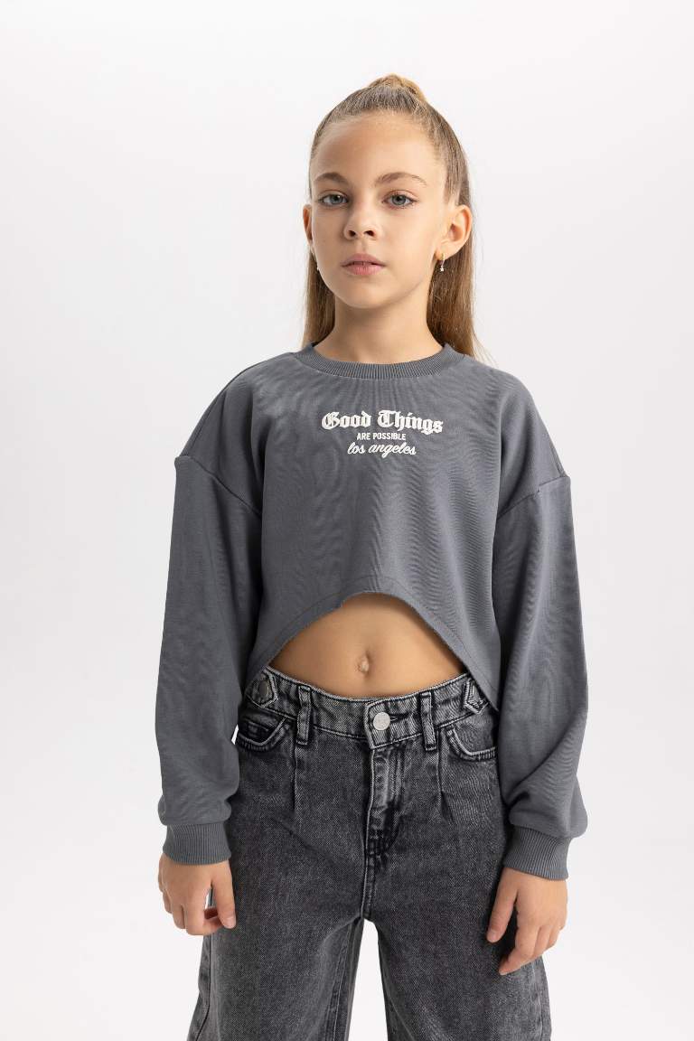 Girl Printed Crop Sweatshirt Undershirt 2 Piece Set