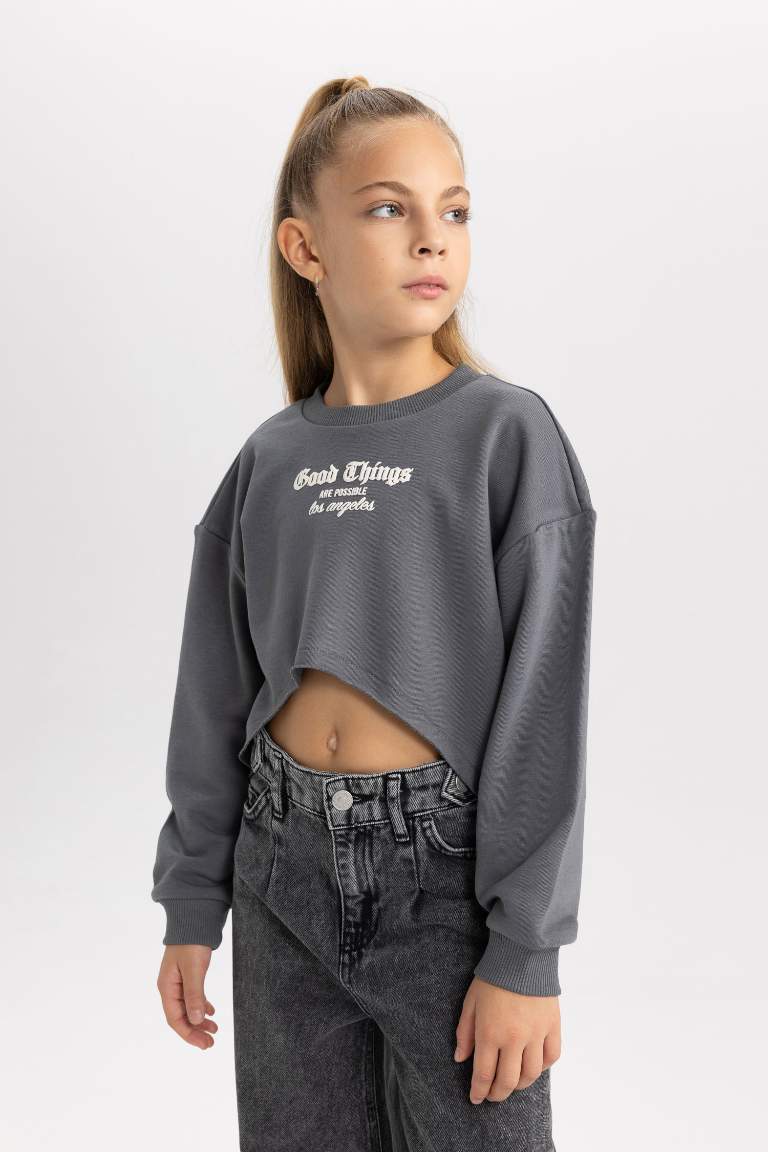 Girl Printed Crop Sweatshirt Undershirt 2 Piece Set