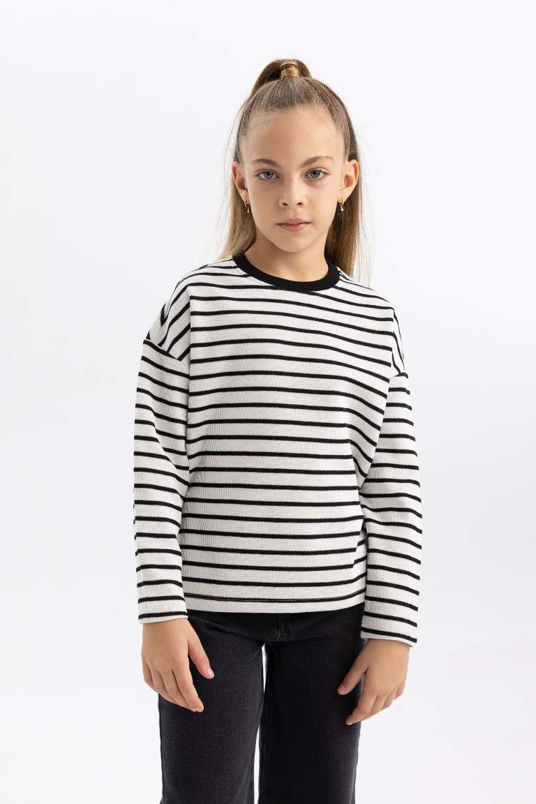 Girl Loose Fit Striped Crew Neck Sweatshirt