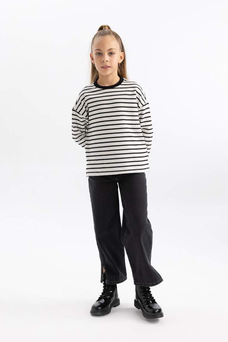 Girl Loose Fit Striped Crew Neck Sweatshirt